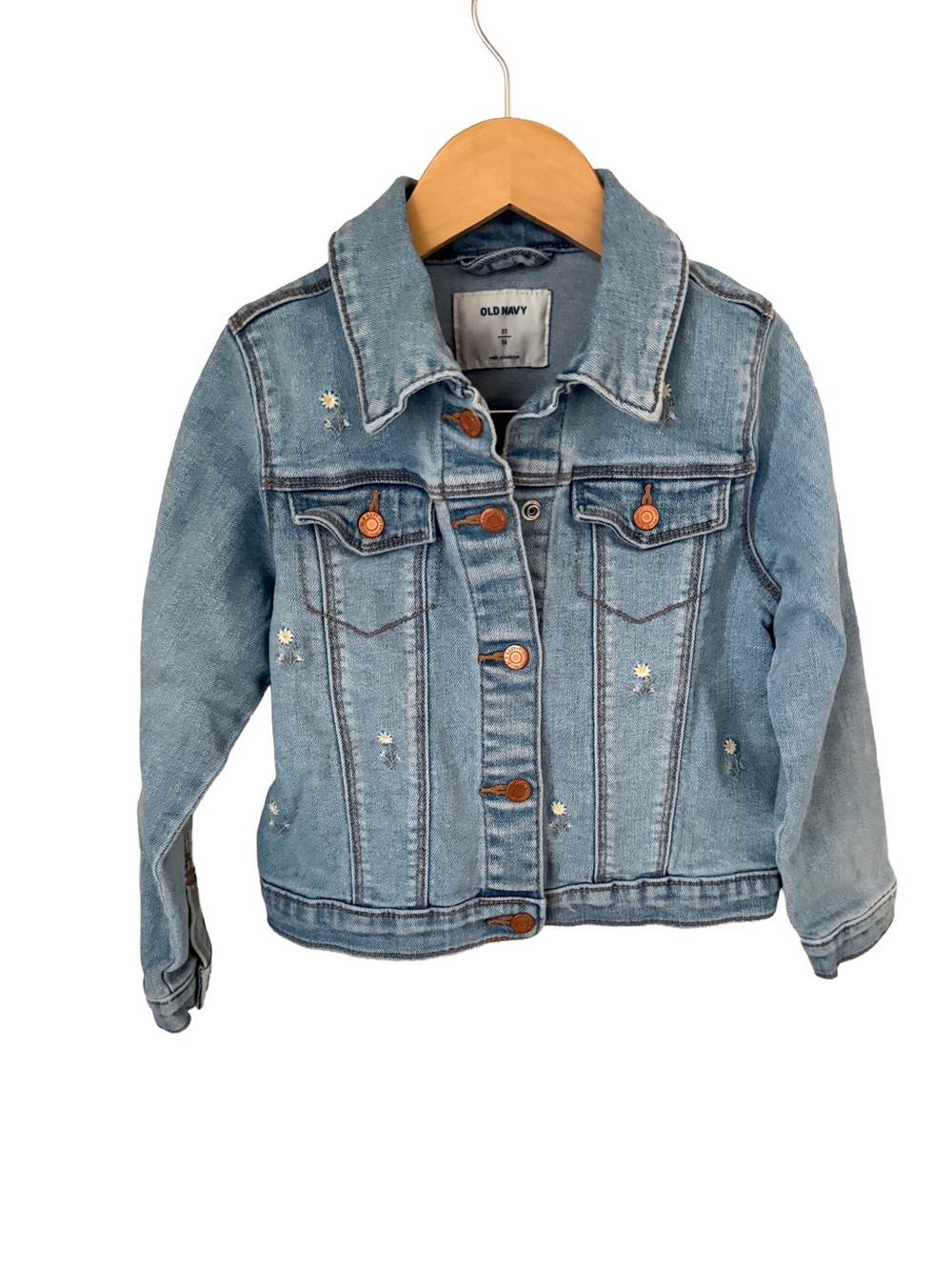 Old Navy Light Blue Denim Floral-Embroidered Kids Denim Jacket 5T